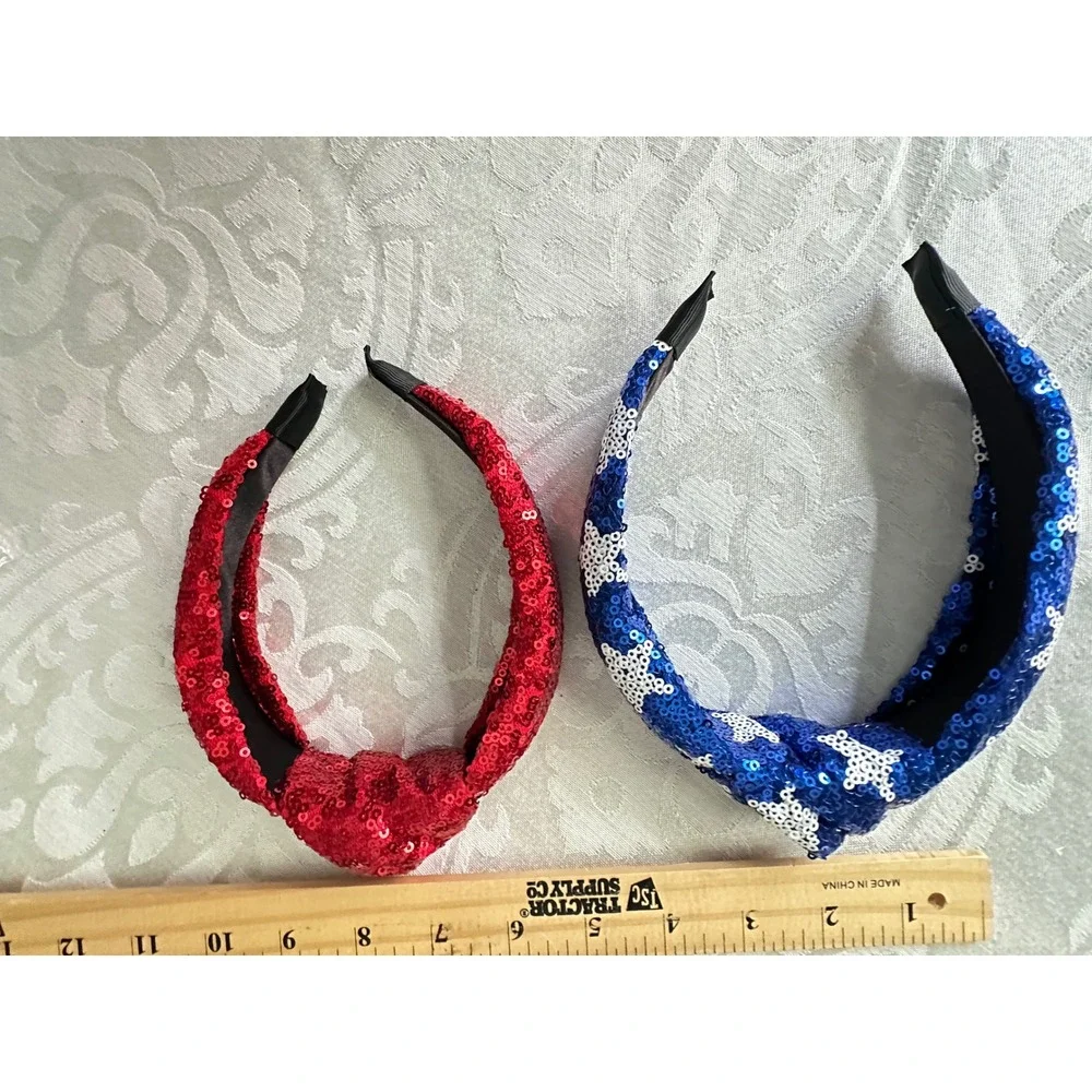 Kids Sequin Knot Headbands Red Blue Star Patriotic‎ Headwear Set